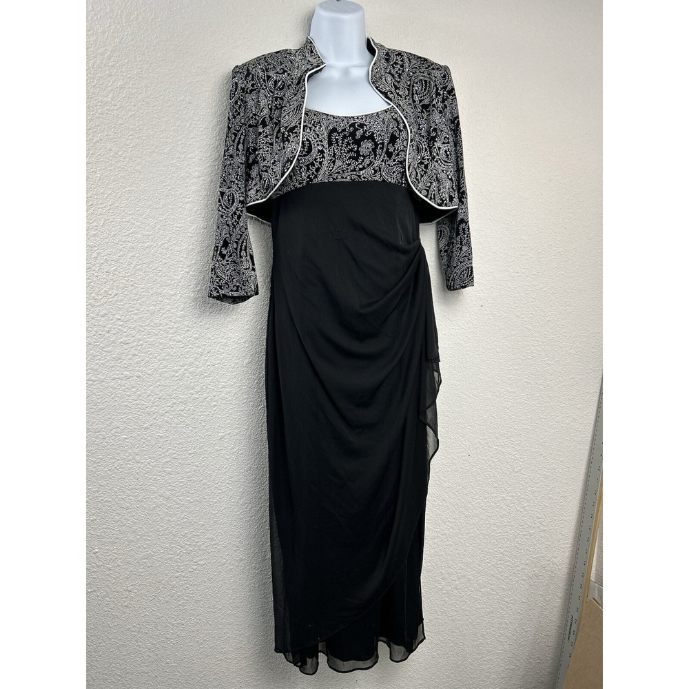 Alex Evenings Paisley Gown Set 6 Black Silver Glitter Bolero Formal Gala Wedding